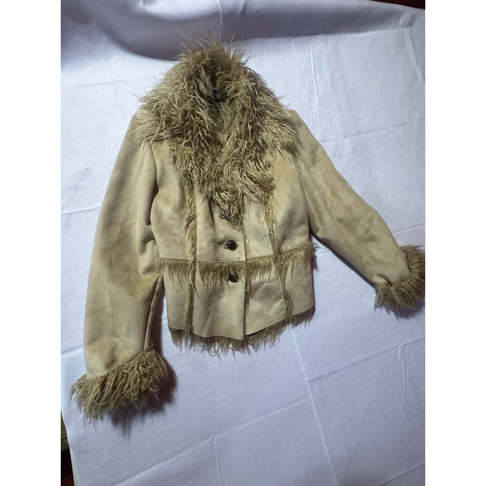 INC International Concepts Faux Suede Shaggy Fur Trim Jacket Tan Beige Size L